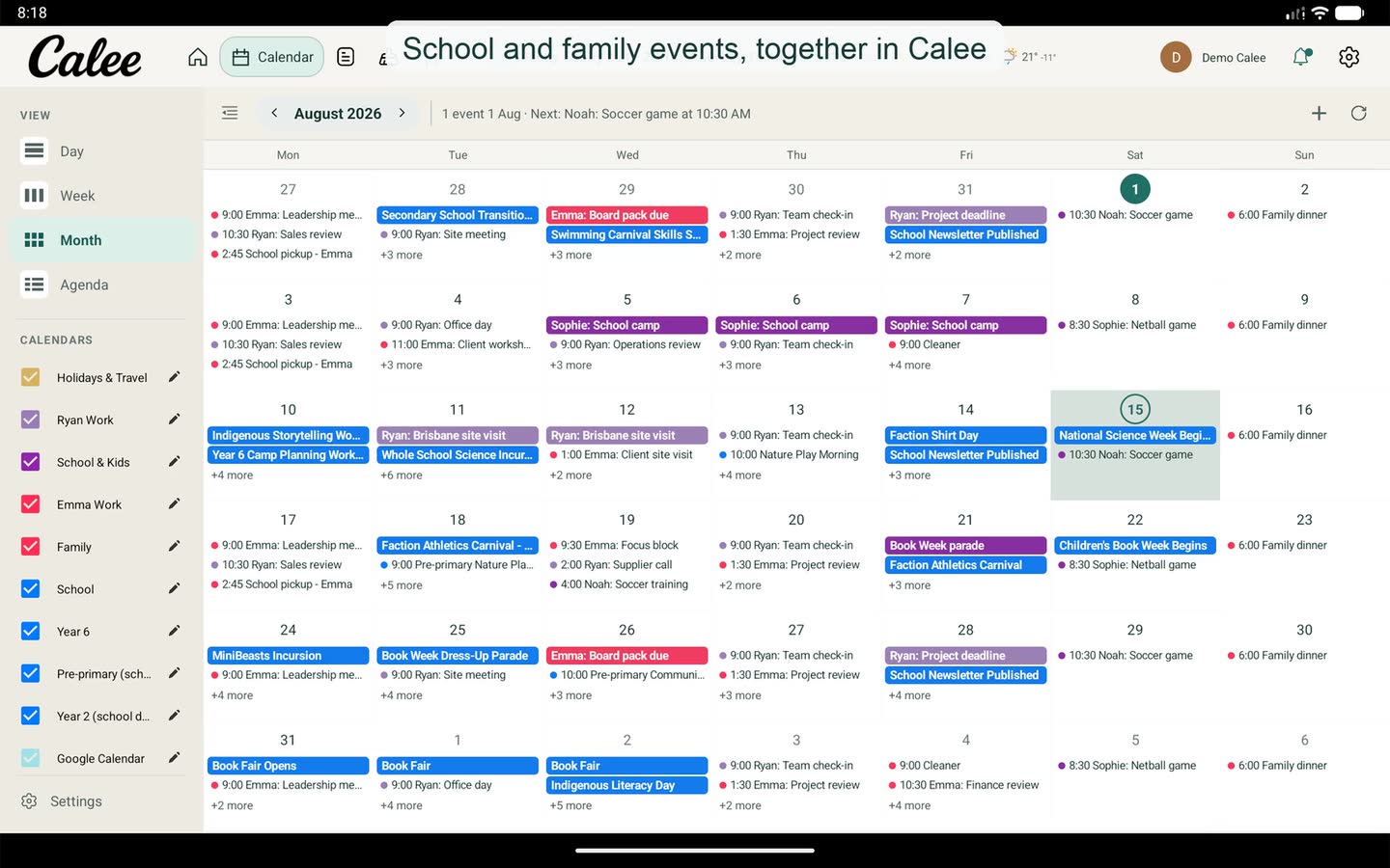 A Calee calendar showing school events beside family, work and sport commitments