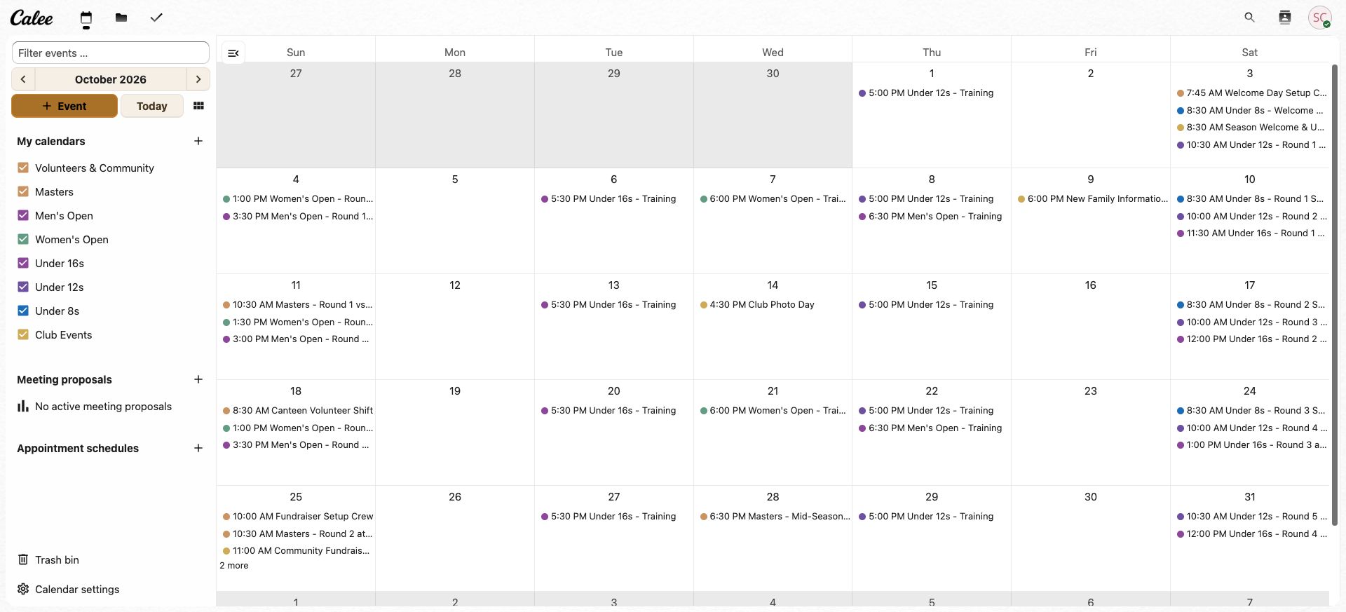 A club administrator's Calee calendar for October. The sidebar lists separate calendars named Volunteers and Community, Masters, Men's Open, Women's Open, Under 16s, Under 12s, Under 8s and Club Events, all ticked, and the month grid shows training sessions, rounds, a club photo day, a new family information night and a community fundraiser