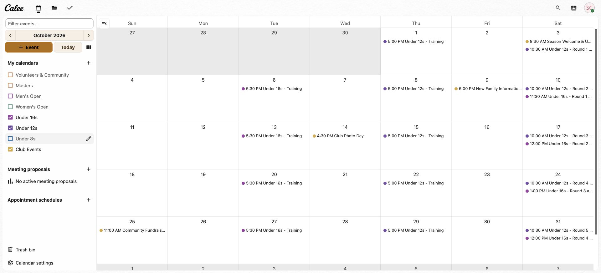 The same club calendar list with only Club Events, Under 12s and Under 16s ticked. Volunteers and Community, Masters, Men's Open, Women's Open and Under 8s are unticked, and the October grid now shows only Under 12s and Under 16s training and rounds plus the club photo day and community fundraiser