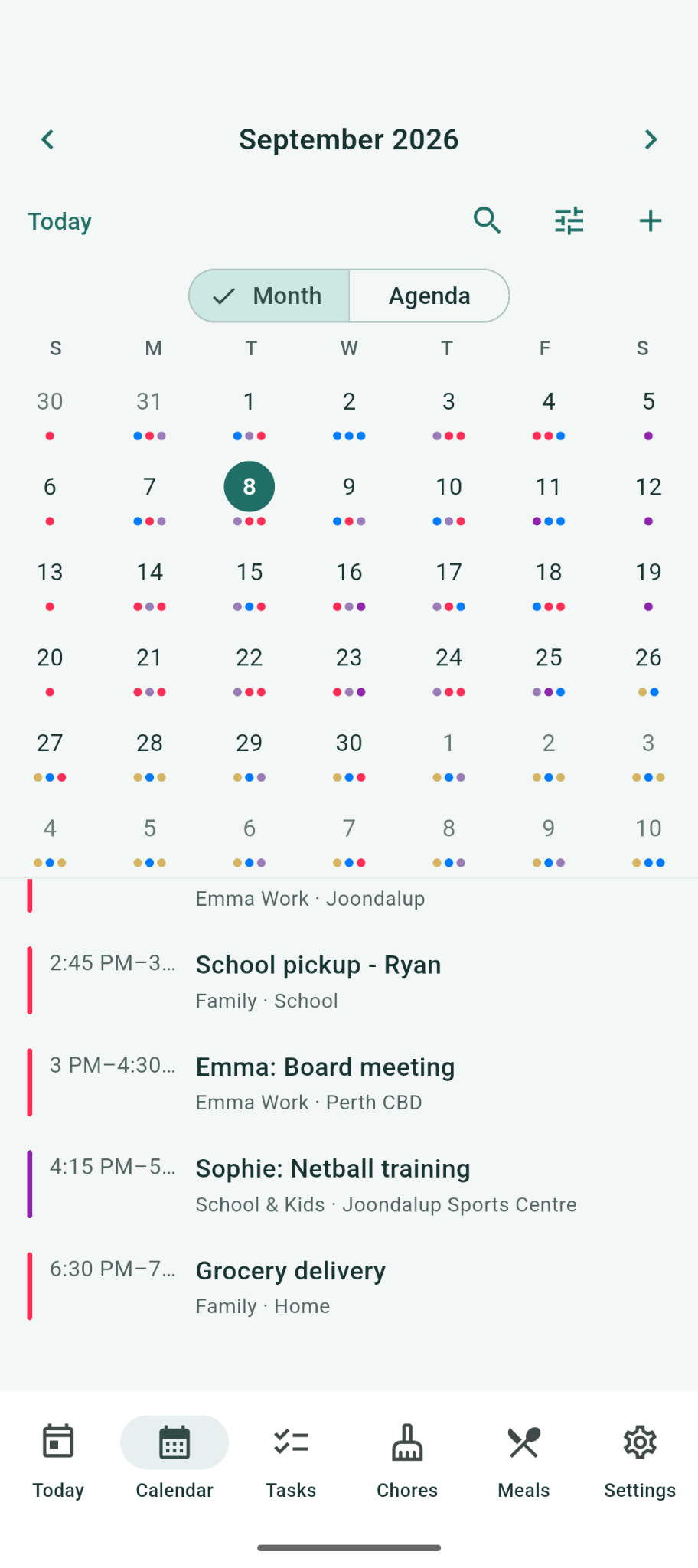 Calee mobile calendar showing work, school pickup, netball training and grocery delivery on the same day