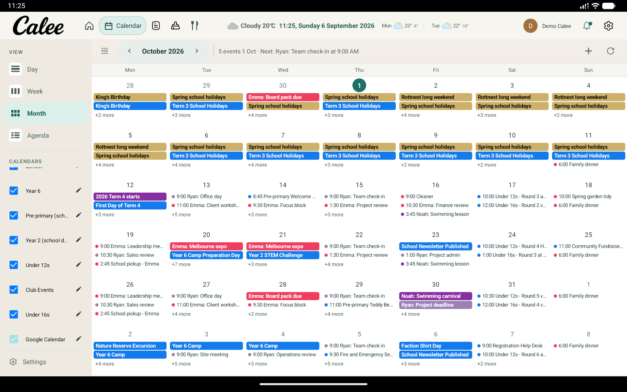 A Calee family calendar for October with Under 12s and Under 16s fixtures on Saturdays, listed beside school term dates, work meetings, a swimming lesson and family dinners