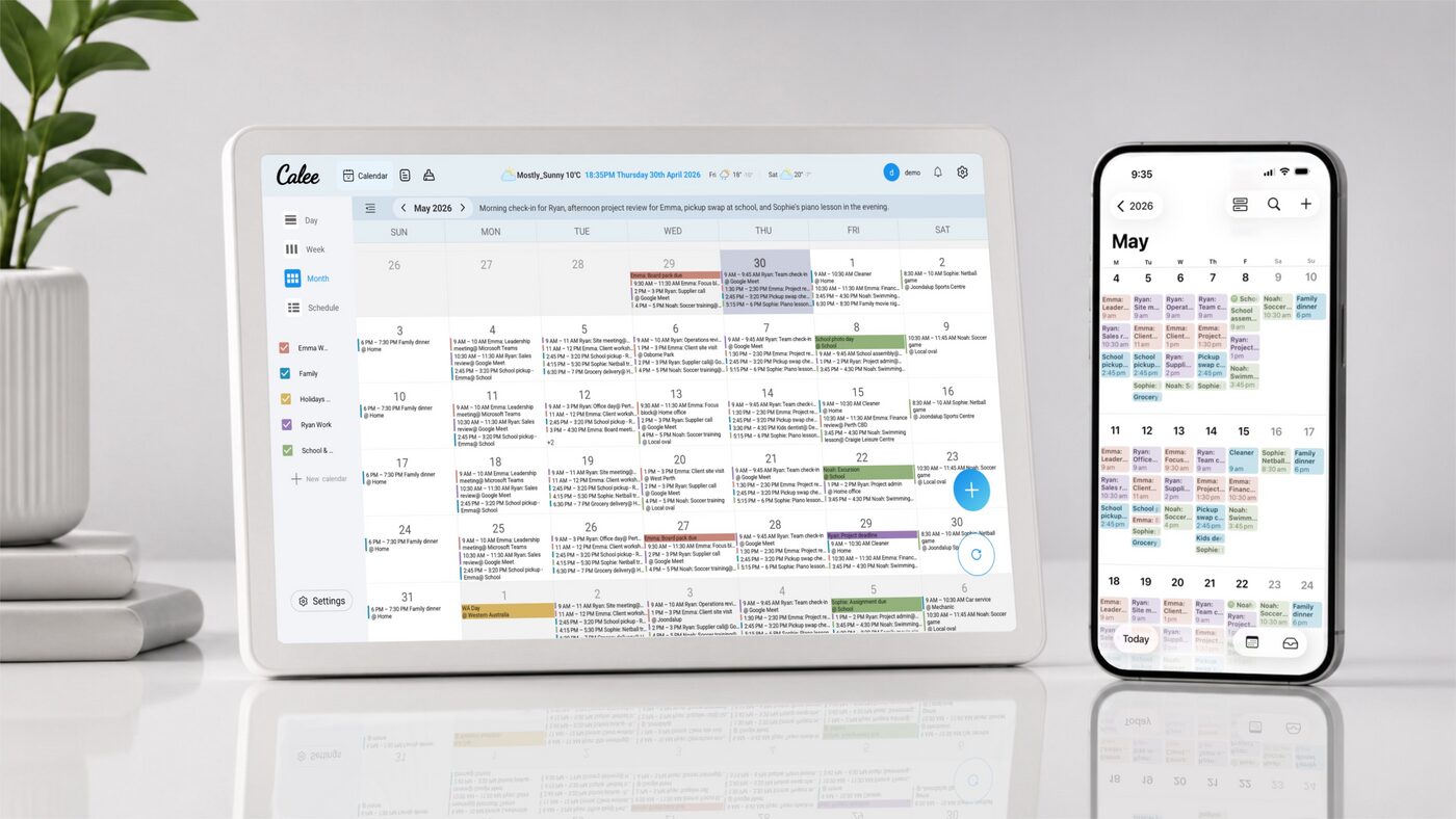 Calee on tablet and phone with synced family calendar